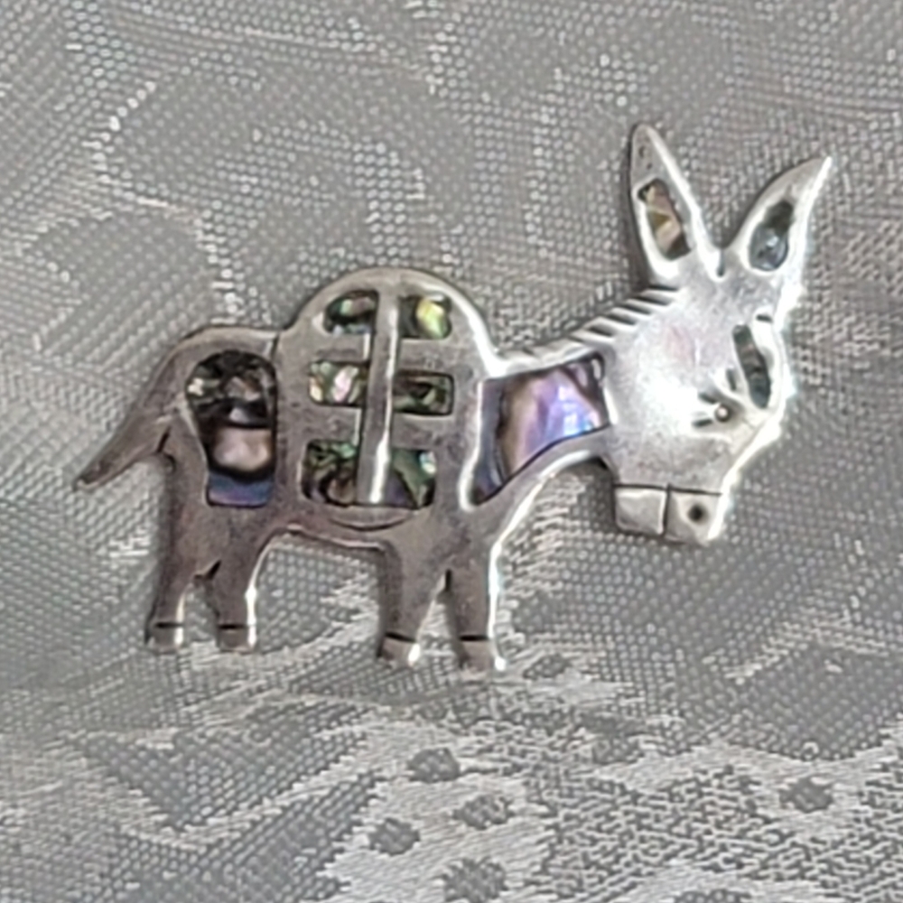 Vintage Signed Sterling Silver Abalone Donkey Burro Mule Pin Brooch
